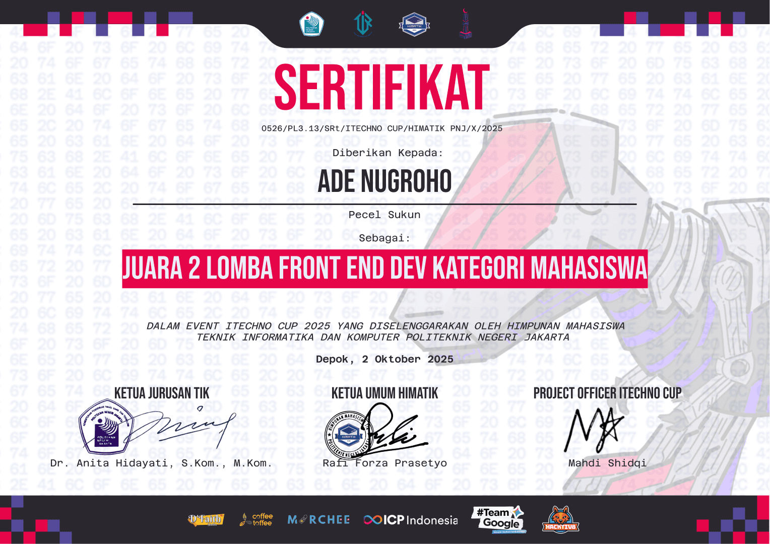 ITECHNO Cup Certificate